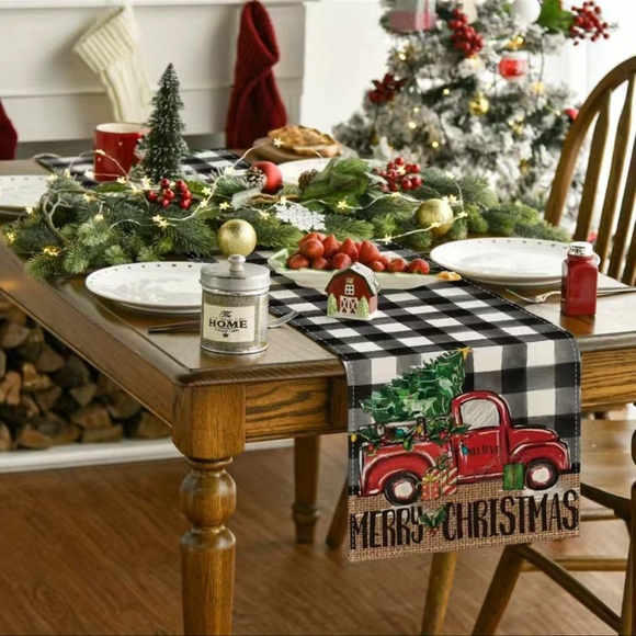 1Pc Black and White Buffalo Plaid Merry Christmas Trees Table Runner - Picture 3 of 4